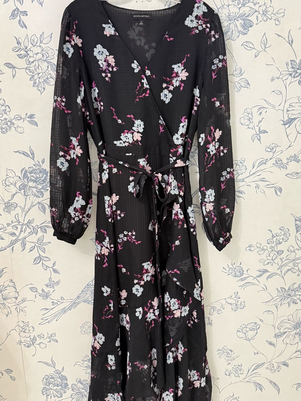 Banana Republic Black Maxi Wrap Dress with Pink & White Floral Print